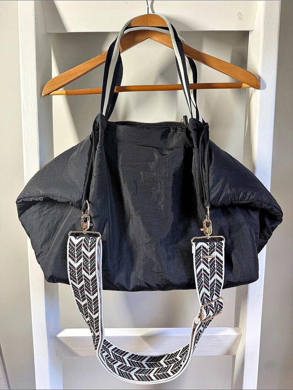 Stella & Dot Black Geometric Tote with Woven Strap Like New